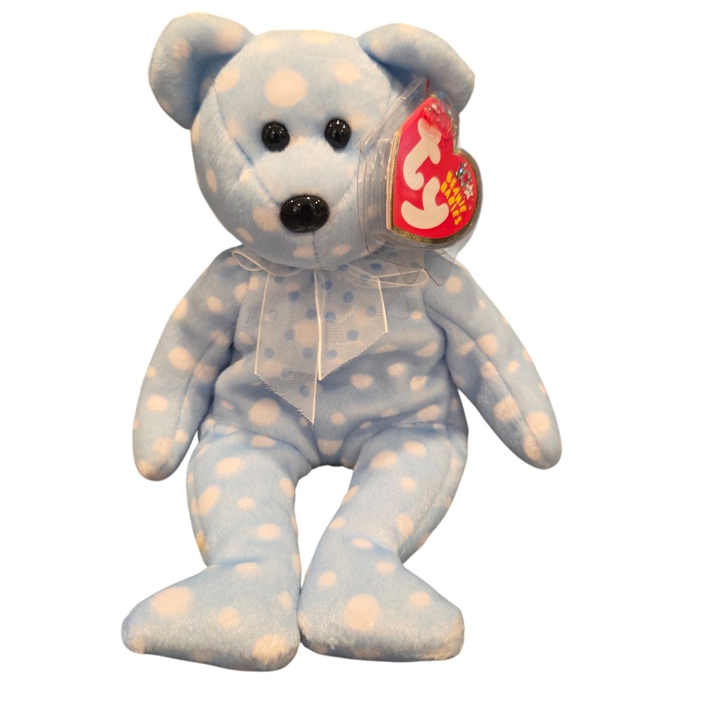 Ty Bubbly Bear Plush Kids Small Blue New Polka Dot 10th Anniversary Beanie Baby